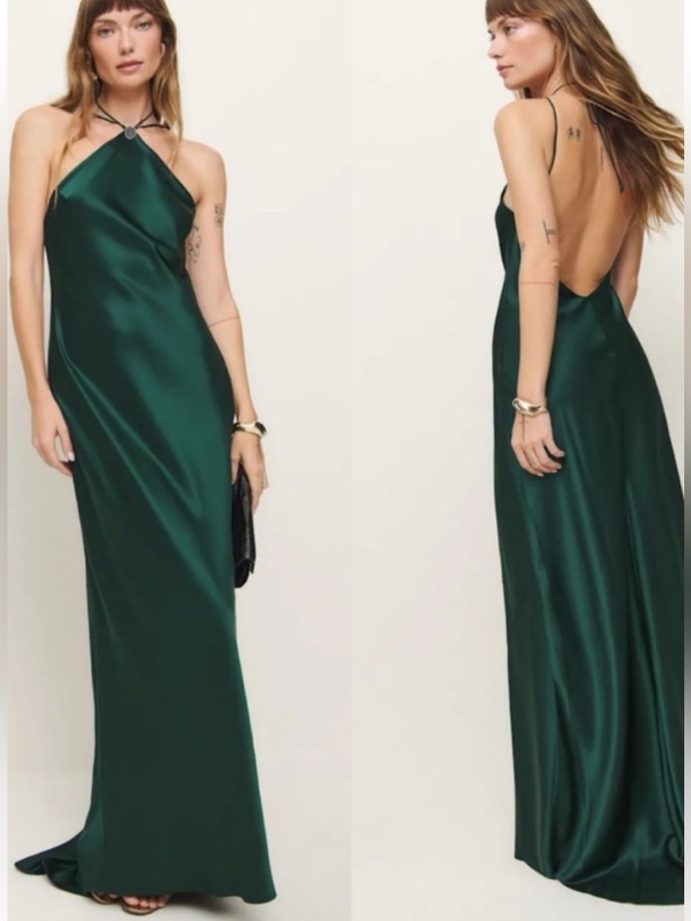 Reformation Emerald Green Satin Halter Slip Dress